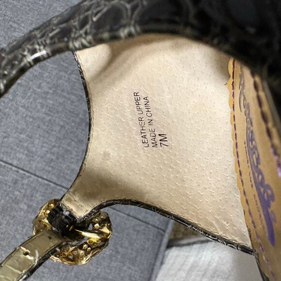 Hale Bob High Heel Shoe Women 7 Black Gray Alligator Leather Pump Peep Toe - Picture 9 of 9